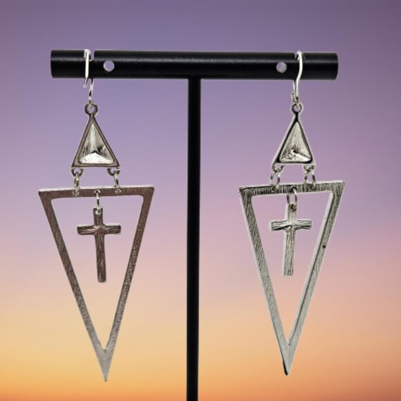 Silver Tone Dangle Cross Earrings - Picture 4 of 5